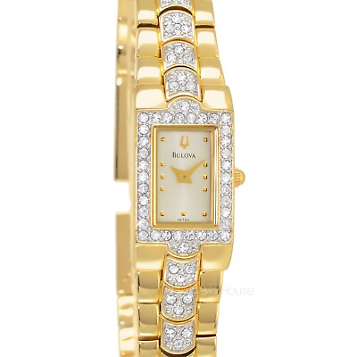 #ad BULOVA Crystals Womens Glitz Watch Rectangular Dial Gold Sparkle Pave Band $98.10