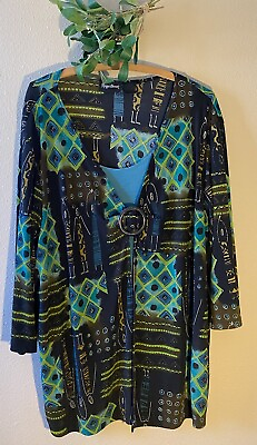 #ad Maggie Barnes Cardigan Blouse Two In One Plus 2X 3 4 Sleeve Blue Black Tribal $24.99