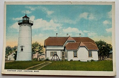 #ad ca 1920s MA Postcard Cape Cod Chatham Light lighthouse front view house vintage $9.99