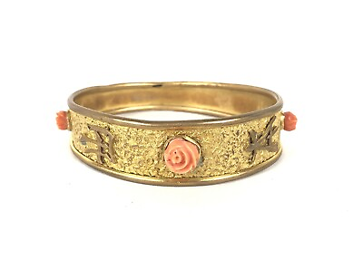 #ad Victorian Era Gold Filled Bangle Bracelet w Coral Flowers amp; Kanji Characters $95.00