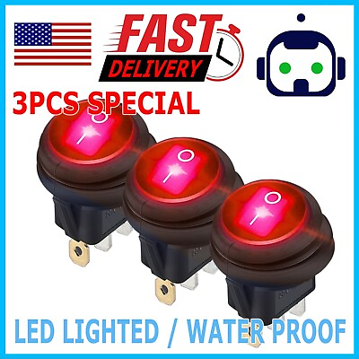 3PC M1 Red LED Light 12V 20A Car Auto Boat Round Rocker WATERPROOF TOGGLE SWITCH $5.95