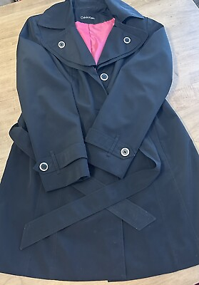 #ad Calvin Klein Women#x27;s Single Breasted Trench coat Sz Large Black Pink Lined Rain $29.95