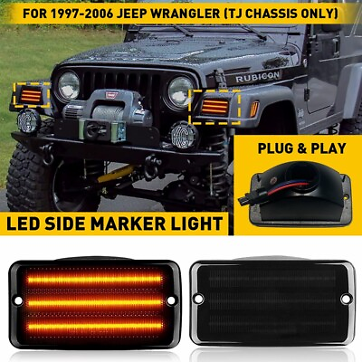 #ad For 1997 2006 Jeep TJ Wrangler Front Turn Lights Signal Amber LED Smoked Lens $35.99