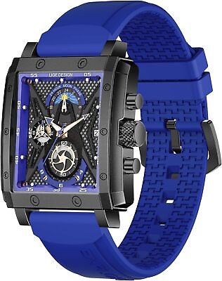#ad LIGE Mens Watches Automatic Leather Chronograph Waterproof Stainless Blue $41.92