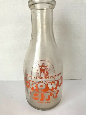 #ad Vintage Milk Bottle Qt CROWN CITY Orange Graphics Drive Safely Let#x27;s Do Our Part $19.99