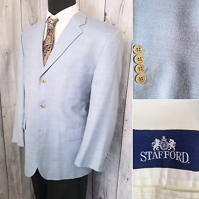 #ad Stafford Blazer Men#x27;s 44 46s Powder Blue Microdot Silk Wool Casual 3roll2 Sport $34.95