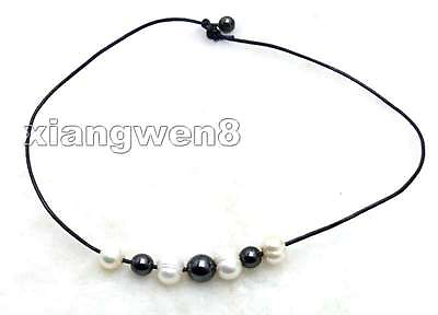 #ad SALE 10 11mm Natural FW White Pearl amp; black Hematite Leather Necklace18#x27;#x27; n5899 $8.80