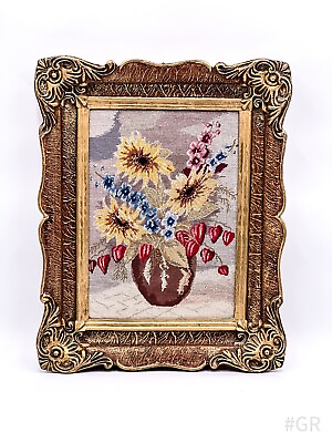 #ad Vintage Gobelin Stickbild „Sonnenblumen“ Barock Bilderrahmen Gold 39 x 49 cm EUR 116.96