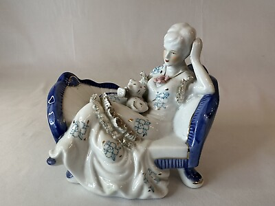 #ad BLUE amp; WHITE PORCELAIN Vintage Lady Sitting On Couch With Her Cat $19.99