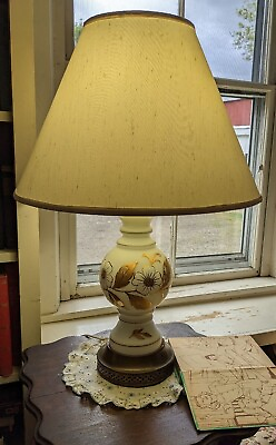 #ad VNTG White Glass Hand Painted Gold Flowers Table Lamp 25” T $42.00