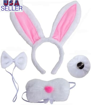 #ad White Grey Pink Bunny Ears Headband Nose Tail and Bow Tie Bunny Costume Accessor $18.56