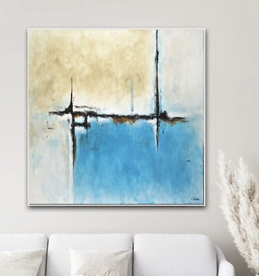 #ad 48 x 48 TURQUOISE LARGE ABSTRACT CANVAS PAINTING WALL ART HANDMADE L. Beiboer $925.00