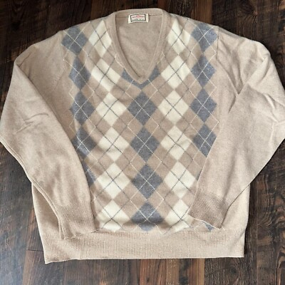 #ad Vintage British Alan Paine Sweater 100% Cashmere England Tan Gray Argyle 46 $24.99