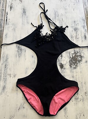 #ad Victoria#x27;s Secret Black Swimsuit One Piece Halter amp; Cut Out Middle Small P $4.00