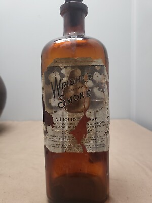 #ad WRIGHT#x27;S Condensed Smoke Bottle w Paper Label 10 in Amber Glass $14.97