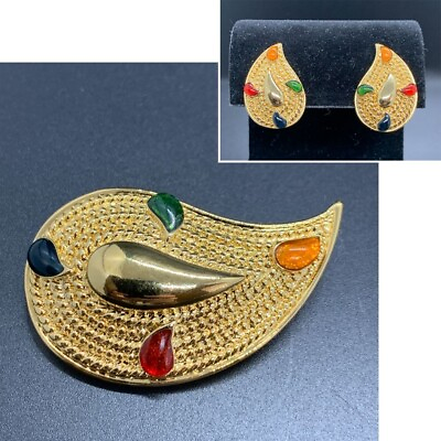 #ad Avon Vintage 1986 Paisley Colors Enamel Set Parure Brooch Earrings 80s $29.00