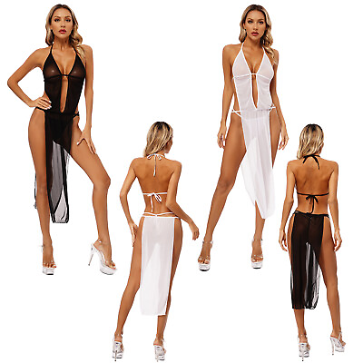 #ad Womens Lingerie Nightgowns Dress Mesh Sleepwear With Thong Bodysuit Halter Sexy $9.49