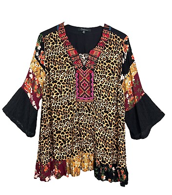 #ad Calessa Top 2X Black Embroidered Mixed Floral Animal Print 3 4 Bell Sleeve Boho $35.24