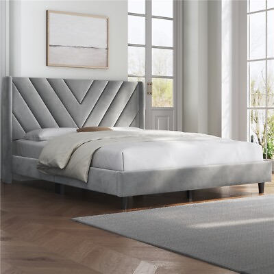 #ad Full Queen Upholstered Bed Frame with Wooden Slat Support and Wing Side $129.98