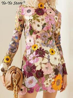#ad Floral Embroidery Elegant Luxury Women Mini Dress Half High Collar Long Sleeve D $36.00