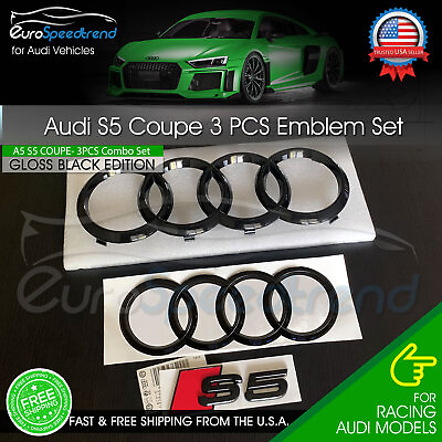 #ad Audi S5 COUPE Front Rear Rings 2008 2019 Emblem Gloss Black Logo Badge Combo Set $53.98