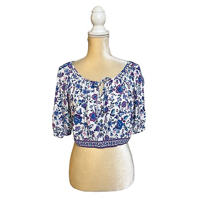 #ad Joie Floral Printed Crop Top Size M Medium Blue and White Peasant Blouse $18.99