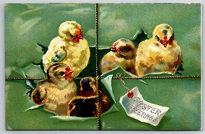#ad Easter Chicks Poke Hole In Lime Green Package Greeting Tag String Wrap 1908 TUCK $9.00