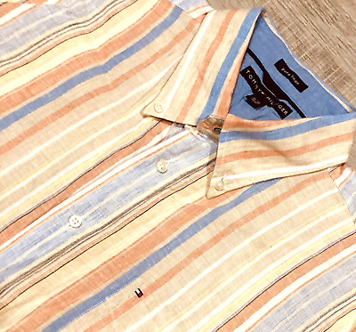 #ad Tommy Hilfiger Linen Shirt Men#x27;s XL Striped Short Sleeve Button Down Multicolor $18.50