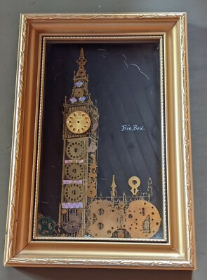 #ad VTG  Big Ben Clock Art Picture With Frame Hand Made London P.G. Collins Punk Art $129.95