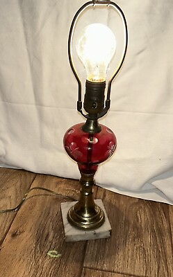 #ad Vintage Antique Table Lamp Cranberry Etched Glass Brass Stem Marble Base $59.90