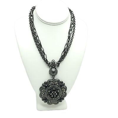 #ad Statement Rhinestone Black Flower Pendant Necklace Multi Chain Victorian Gothic $18.00