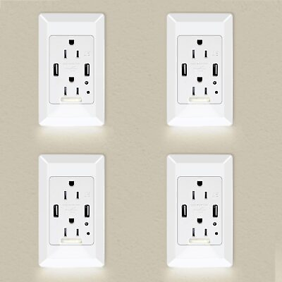 #ad 4× LED Night Light Wall Socket 2 USB Ports 2 AC Outlet Duplex Receptacle w Cover $61.37