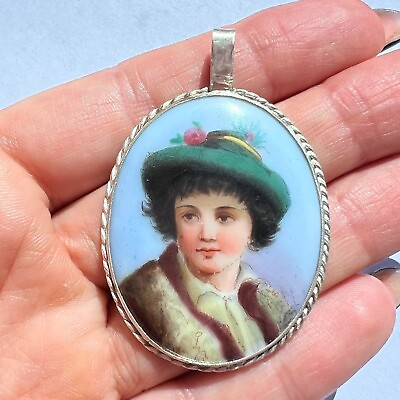 #ad Vintage Hand Painted Portrait Enamel Of A Girl Framed In 925 Silver Pendant Jewe $123.00