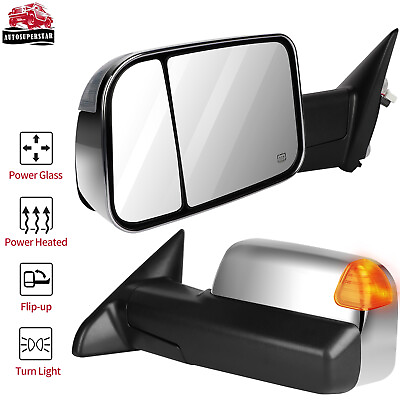 #ad Chrome Power Heated Tow LED Puddle Lights Side Mirrors For Ram 1500 2011 2017 $148.49