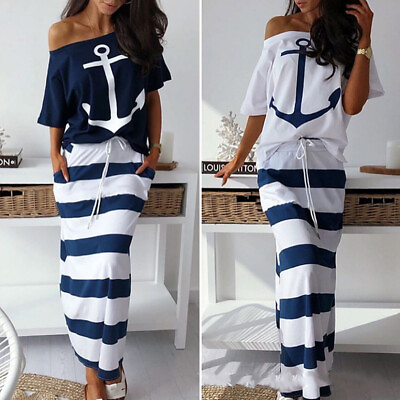 #ad Women Ladies Casual Sailor Top Ruffle Long Maxi Dress Skirt Set Summer Sundress $22.99