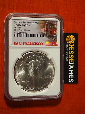 #ad 1986 S $1 SILVER EAGLE NGC MS69 STRUCK AT SAN FRANCISCO MINT TROLLEY CAR LABEL $110.00