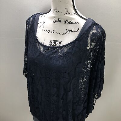 #ad DEPT Round Neck Short Sleeve Gray Sheer Lace Blouse w Inner Tank Top Women#x27;s XS $17.00