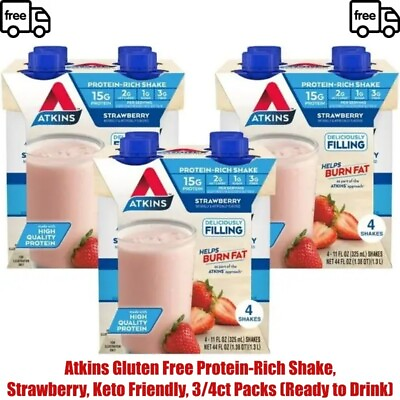 #ad Atkins Gluten Free Protein Rich Shake Strawberry Keto Friendly 3 4ct Packs $15.59