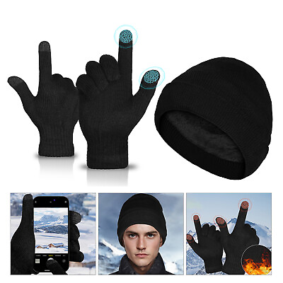 #ad 3PCS Winter Beanie Hat Glove Set Fleece Lined Knit Beanie Warm Touchscreen Glove $8.99
