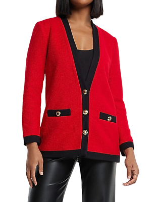 #ad NEW EXPRESS RED BLACK TIPPED TWEED NOVELTY BUTTON BLAZER JACKET SIZE MEDIUM $54.99