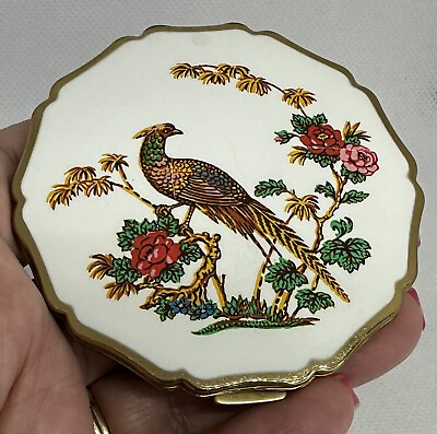 #ad Vintage Stratton England Pheasant Bird Floral Enamel Powder Mirror Compact $45.00