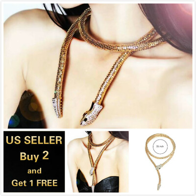 #ad Gold Rhinestone Crystal Snake Choker Pendant Necklace $12.88