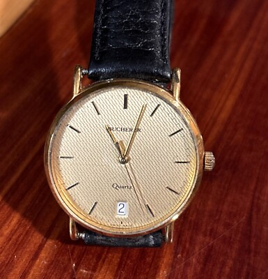 #ad Vintage Men’s Bucherer Watch Quartz Swiss 15355 Black Leather Band Gold Dial $199.99