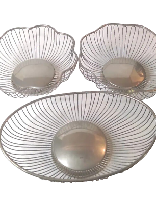 #ad Vintage Bread Bowl Fruit Baskets Silver Oval Wire MCM Leonard Silverplate 3 Pcs $65.00