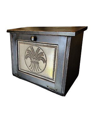 #ad NEW Black wooden Bread Box primitive style tin door bread box $164.99