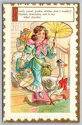 #ad Postcard Goosey Goosey Gander Whither Shall I Wander Nursery Rhyme Embossed $6.95