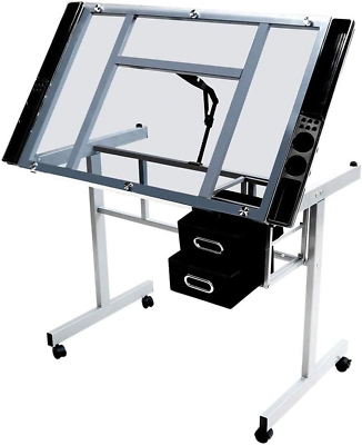 #ad Glass Drafting Table Rolling Drawing Desk Artists Art Craft Desk W 2 Slide Drawe $153.99