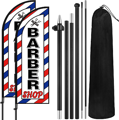 #ad 2 Set Barber Flag 7 Ft Barbershop Themed Swooper Flag with Pole Kit Open Feather $74.82