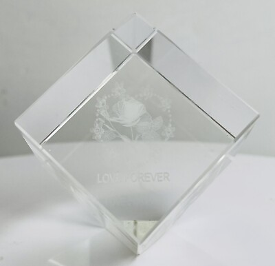 #ad Cube 3D Love Forever Rose Hologram Laser Cut 2” Crystal Glass Paperweight $14.99