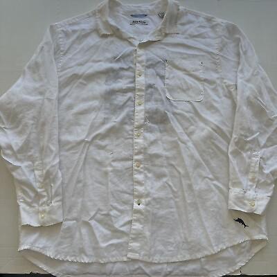 #ad Tommy Bahama Shirt Mens XXXL White Linen Pocket Print Hawaiian Long Sleeve Relax $24.00